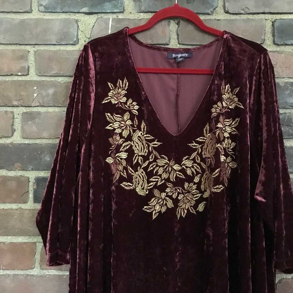 Roamans | Velvet Embroidered Boho V Neck Dress Sz… - image 2