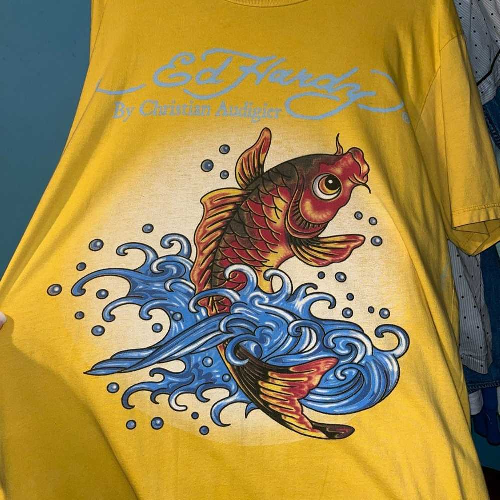 Ed Hardy XL koi fish yellow rare vintage tshirt - image 2