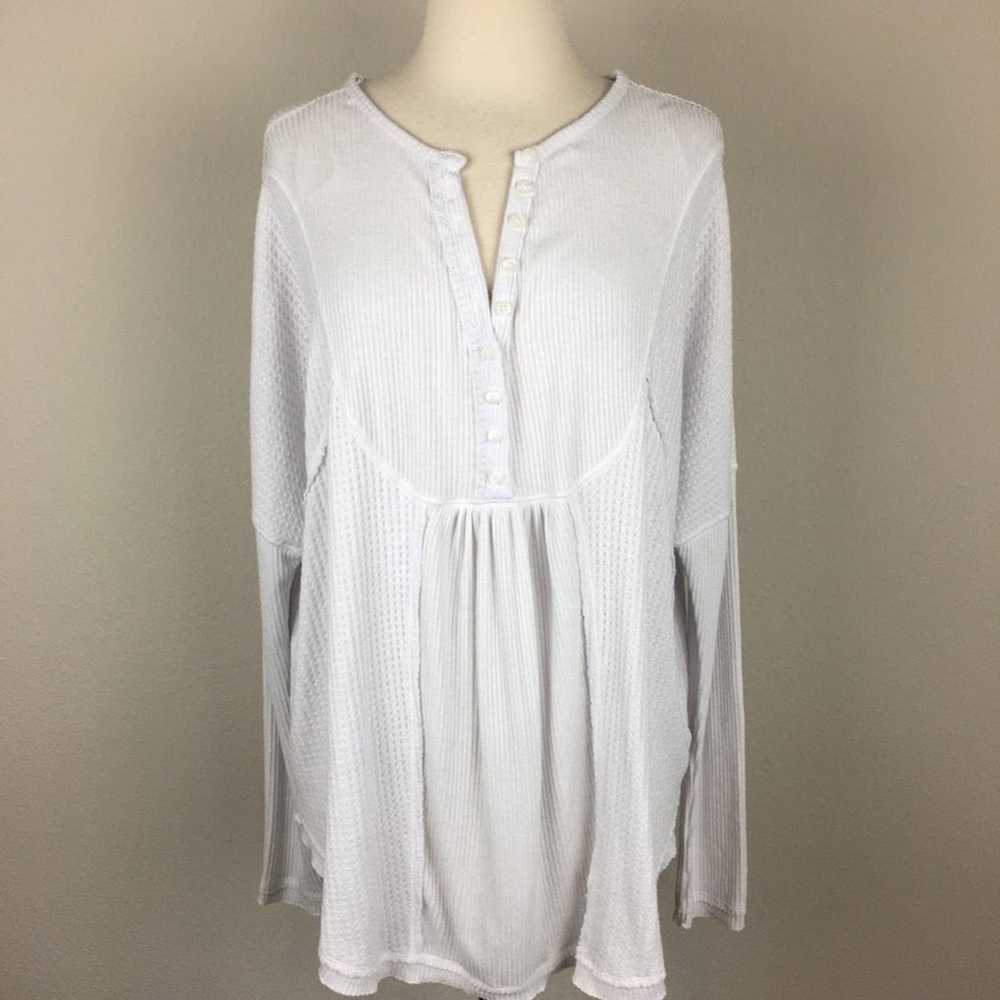 Free People White Long Sleeve Waffle Weave Top Med - image 1