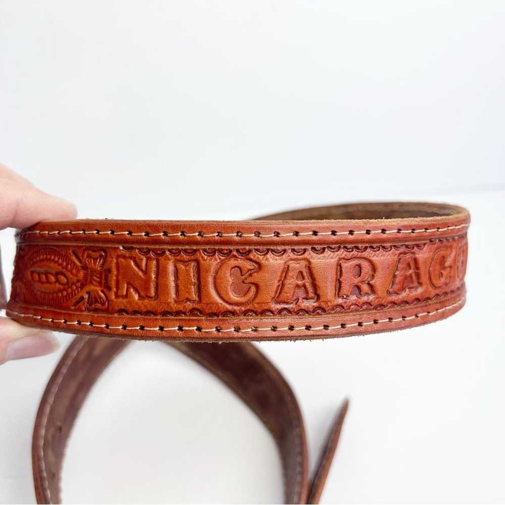 Vintage Brown Leather Hand Tooled Nicaragua Belt … - image 2