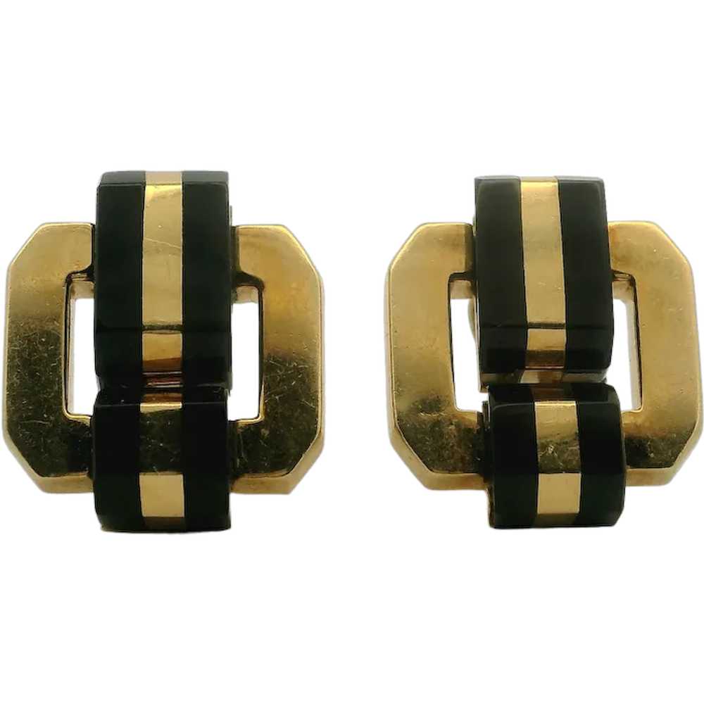 18K Yellow Gold and Onyx Earring - image 1