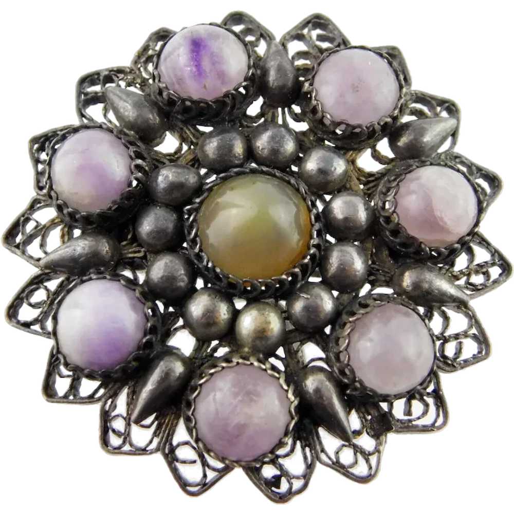 Antique Silver Amethyst and Chalcedony Circular B… - image 1