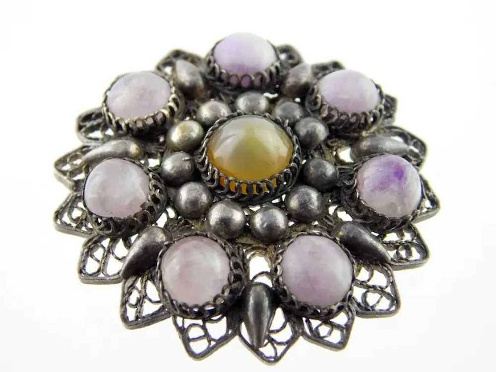 Antique Silver Amethyst and Chalcedony Circular B… - image 2