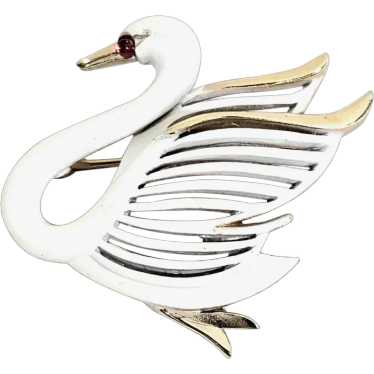 Vintage TRIFARI White Enamel Red Cabochon Eye Swan