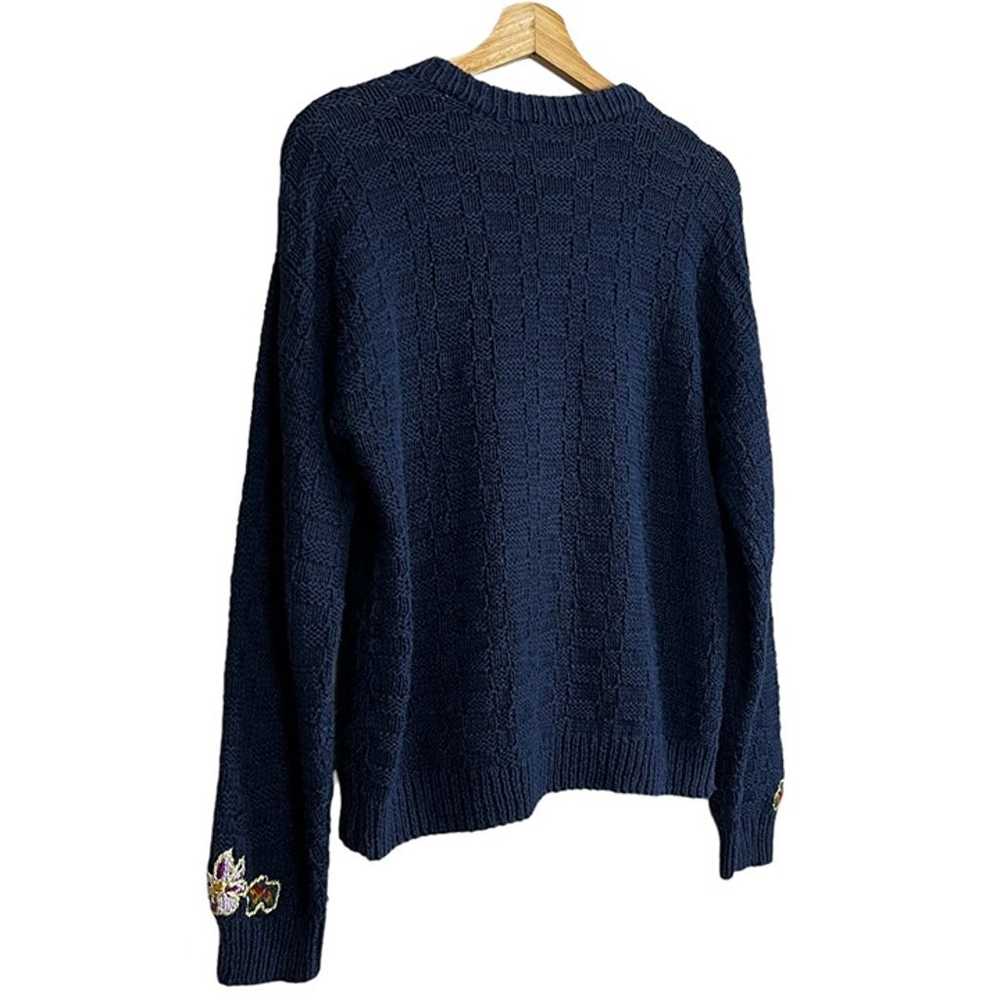 Vintage 80s 90s Navy Hand Knit Sweater w/ Floral … - image 10