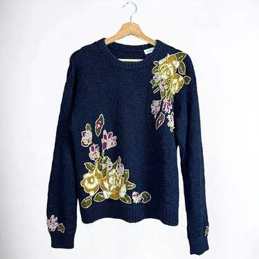 Vintage 80s 90s Navy Hand Knit Sweater w/ Floral … - image 1