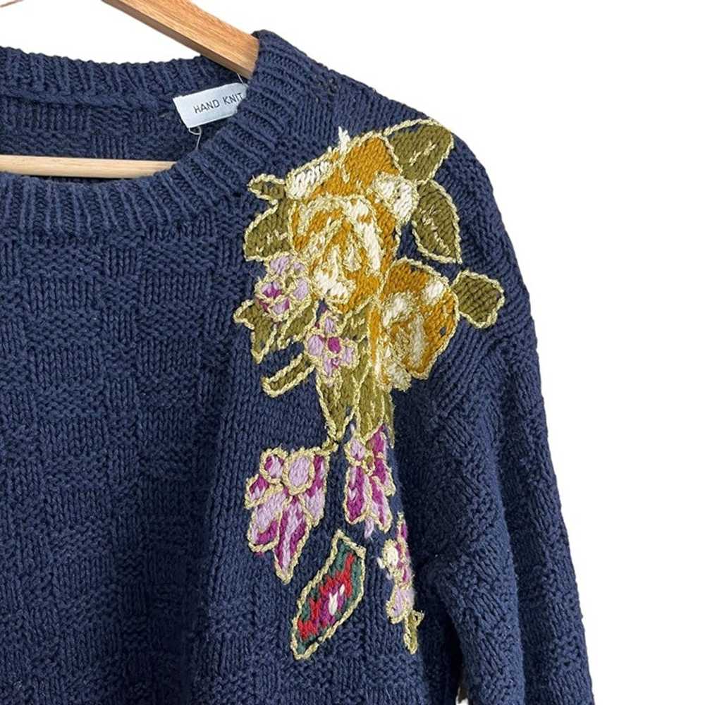 Vintage 80s 90s Navy Hand Knit Sweater w/ Floral … - image 5