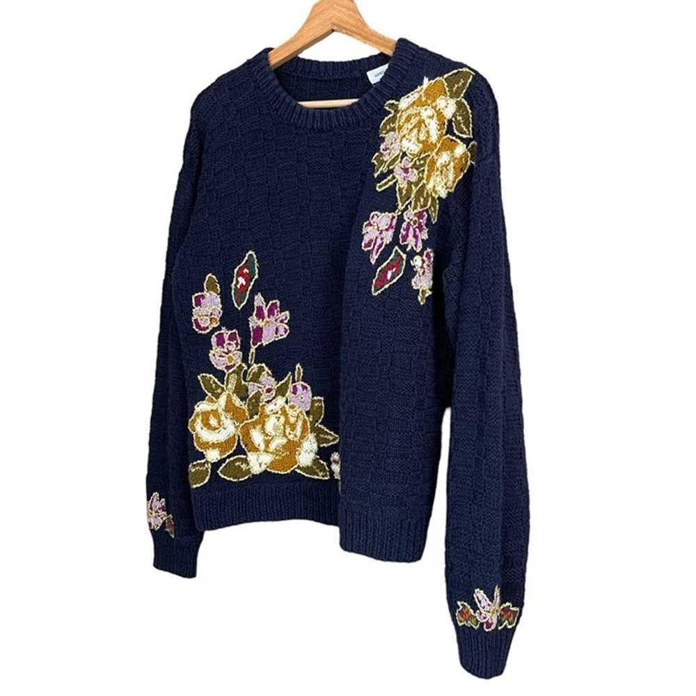 Vintage 80s 90s Navy Hand Knit Sweater w/ Floral … - image 7