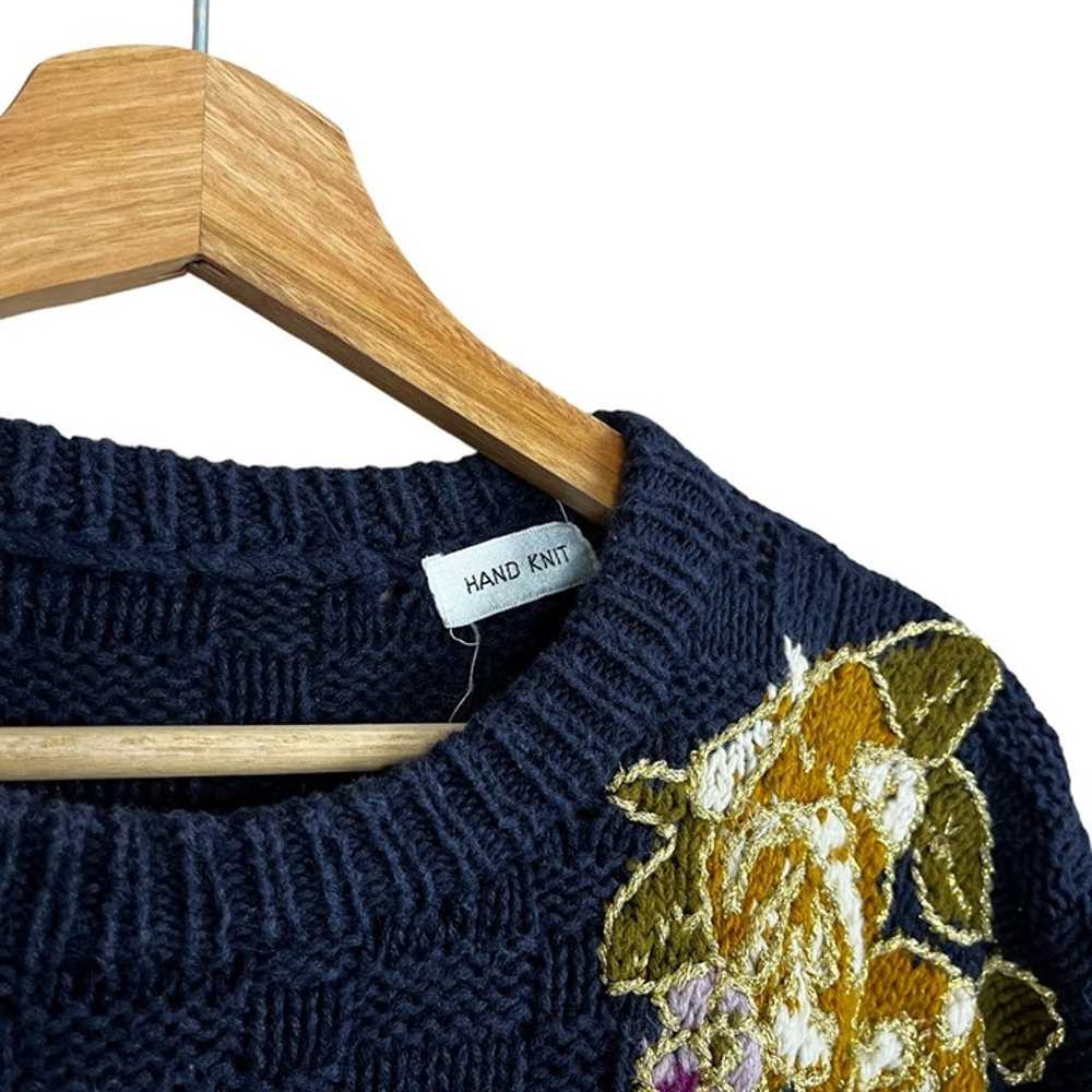 Vintage 80s 90s Navy Hand Knit Sweater w/ Floral … - image 8