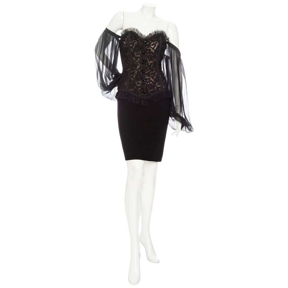 1980s Black Off-the-Shoulder Lace Bustier Dress - image 1