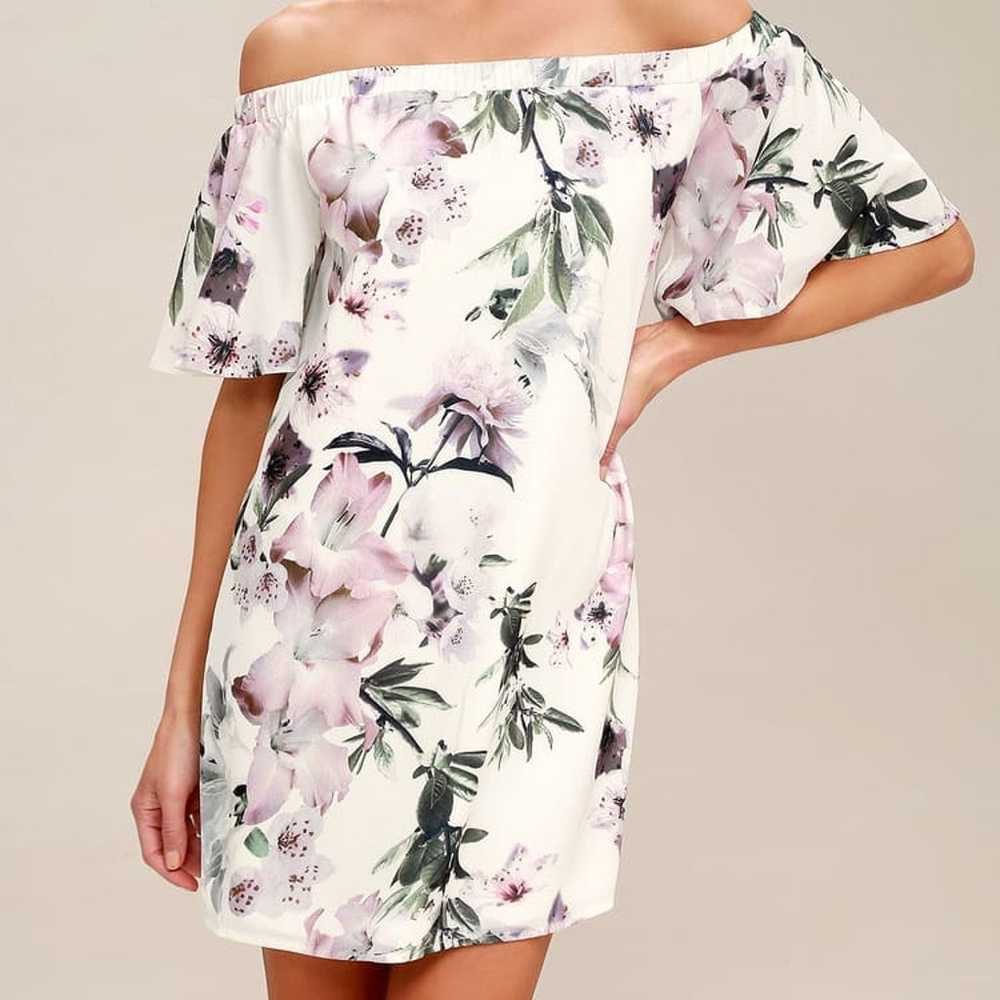 Ivory Floral Print Off-the-Shoulder Shift Dress - image 1