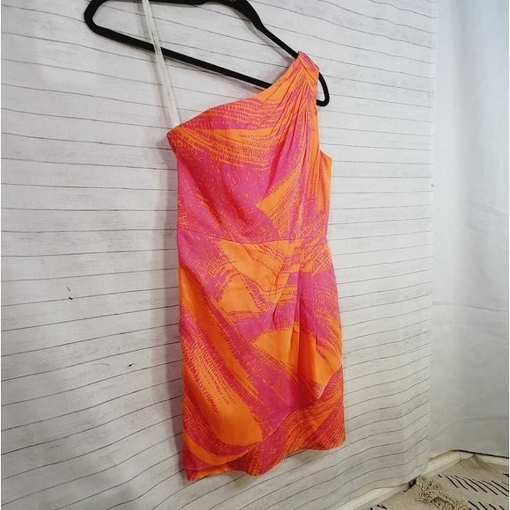 SHOSHANNA ONE SHOULDER FIT & FLARE ORANGE & PINK … - image 2