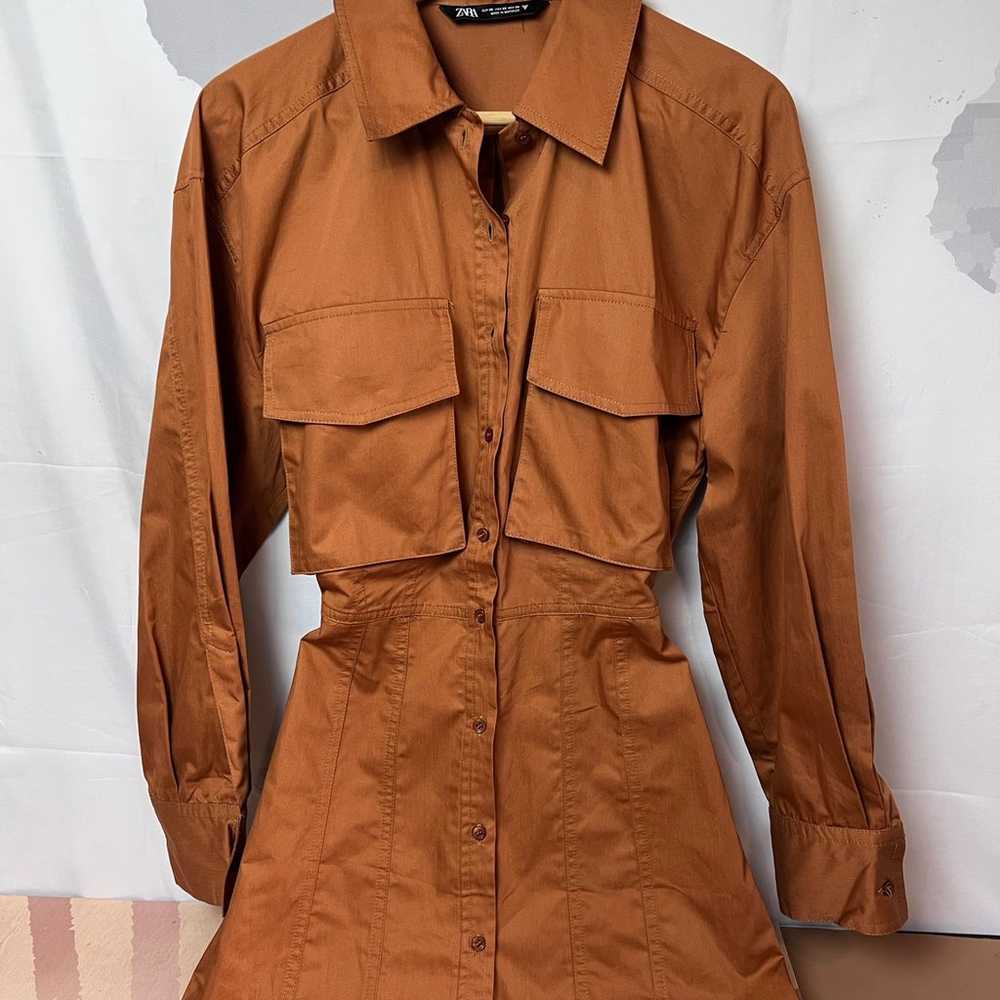 ZARA Poplin Shirt-Dress With Pockets Brown NWOT - image 1