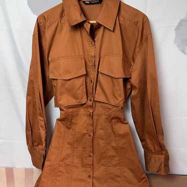 ZARA Poplin Shirt-Dress With Pockets Brown NWOT - image 1