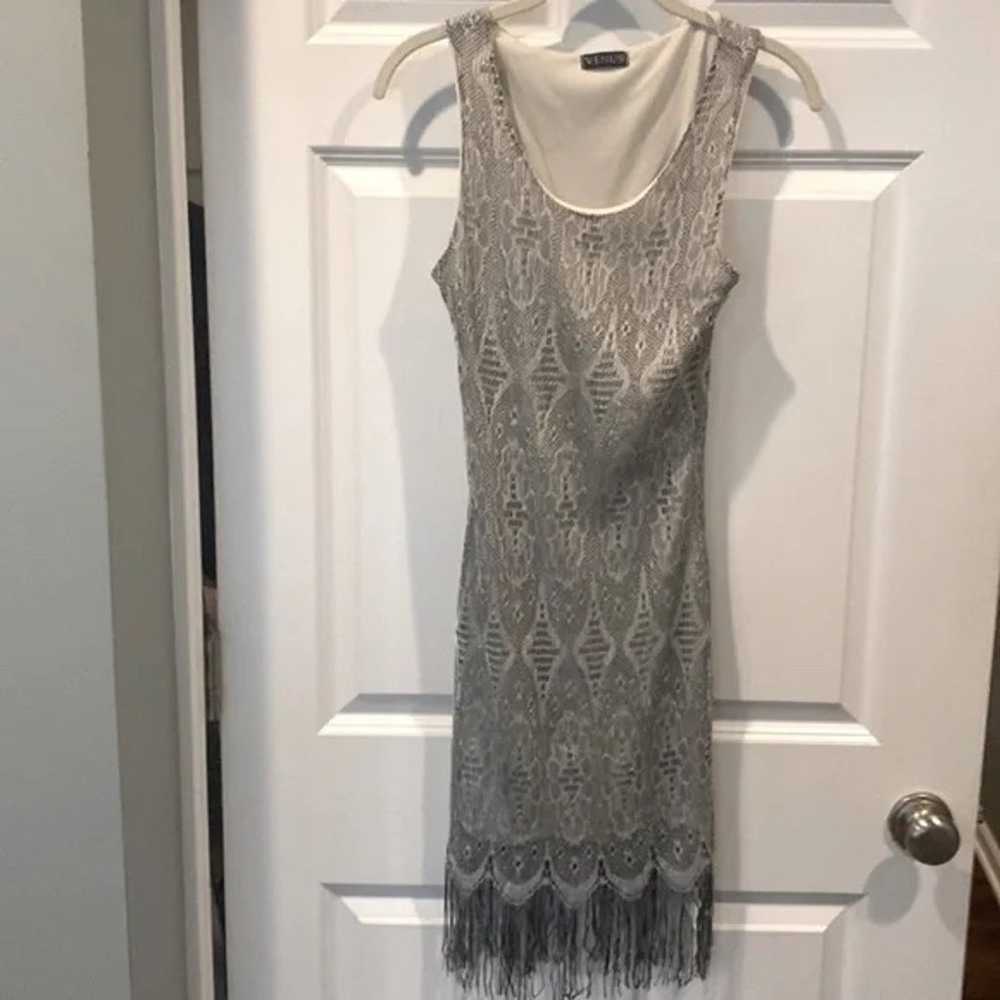 Venus Silver Lace Crochet and Fringe Dress - image 3