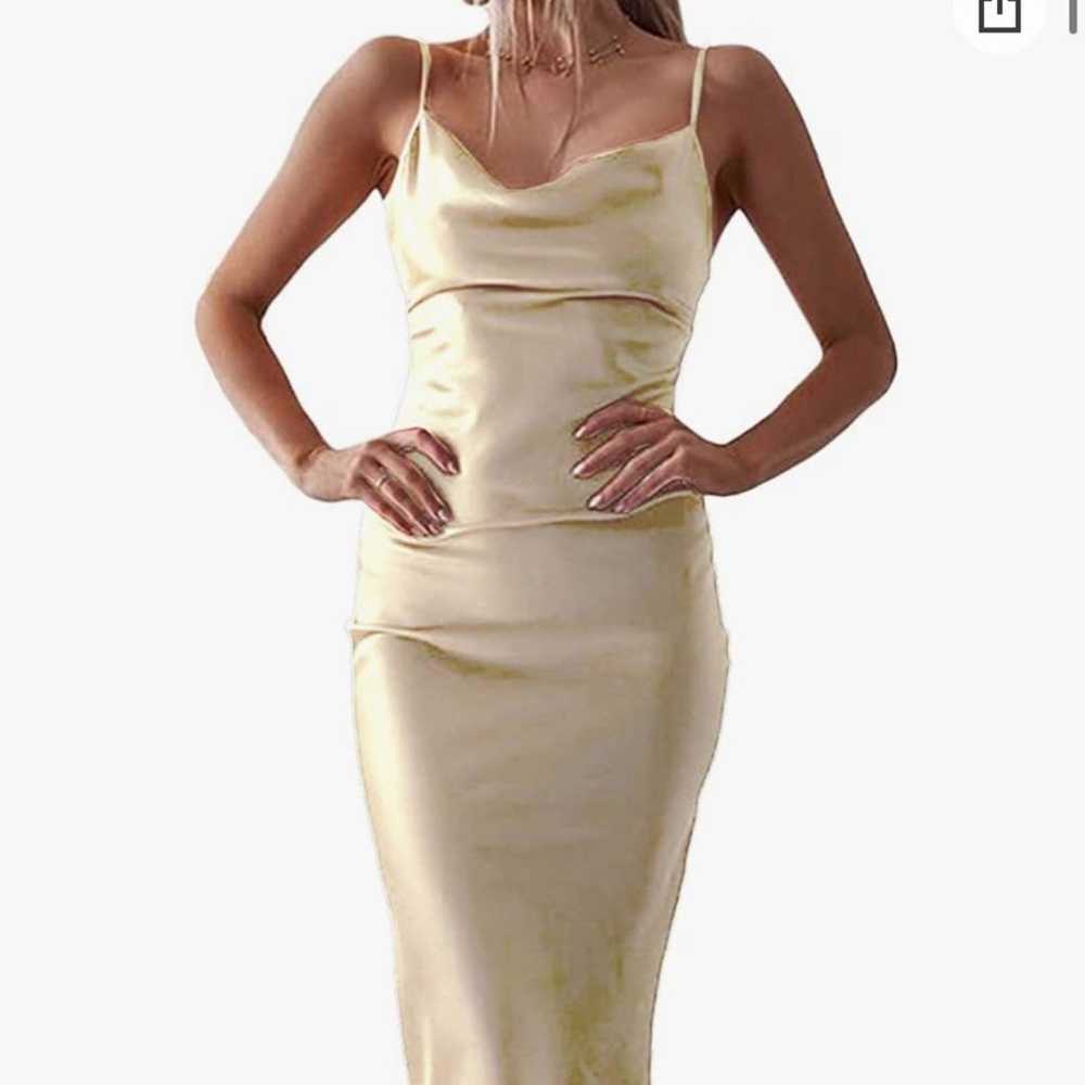 Gold Satin Sleeveless Cowl Neck Midi Dress Size M… - image 1