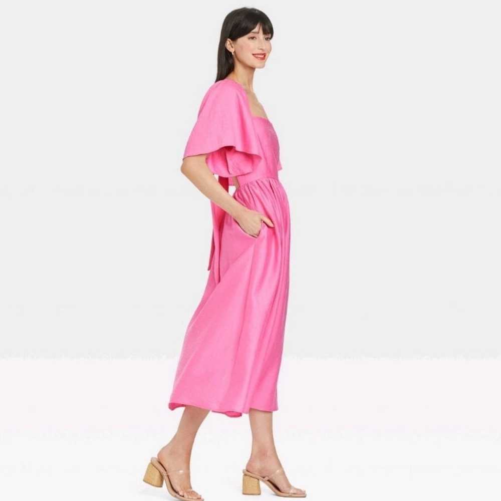 Flutter Sleeve Tie Back Midi Pink Dress - image 2