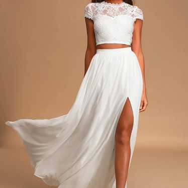 Lulus Sweet Stunner White Lace Two-Piece Maxi Dres