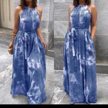 Blue tie dye halter Maxi dress with sash - image 1