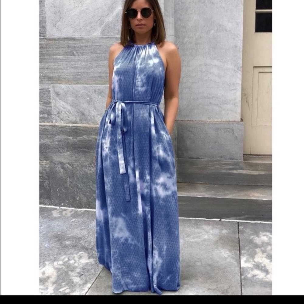 Blue tie dye halter Maxi dress with sash - image 2