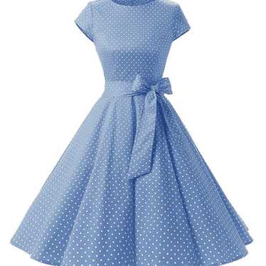New- BLUE 1950S POLKA DOT SWING DRESS - image 1