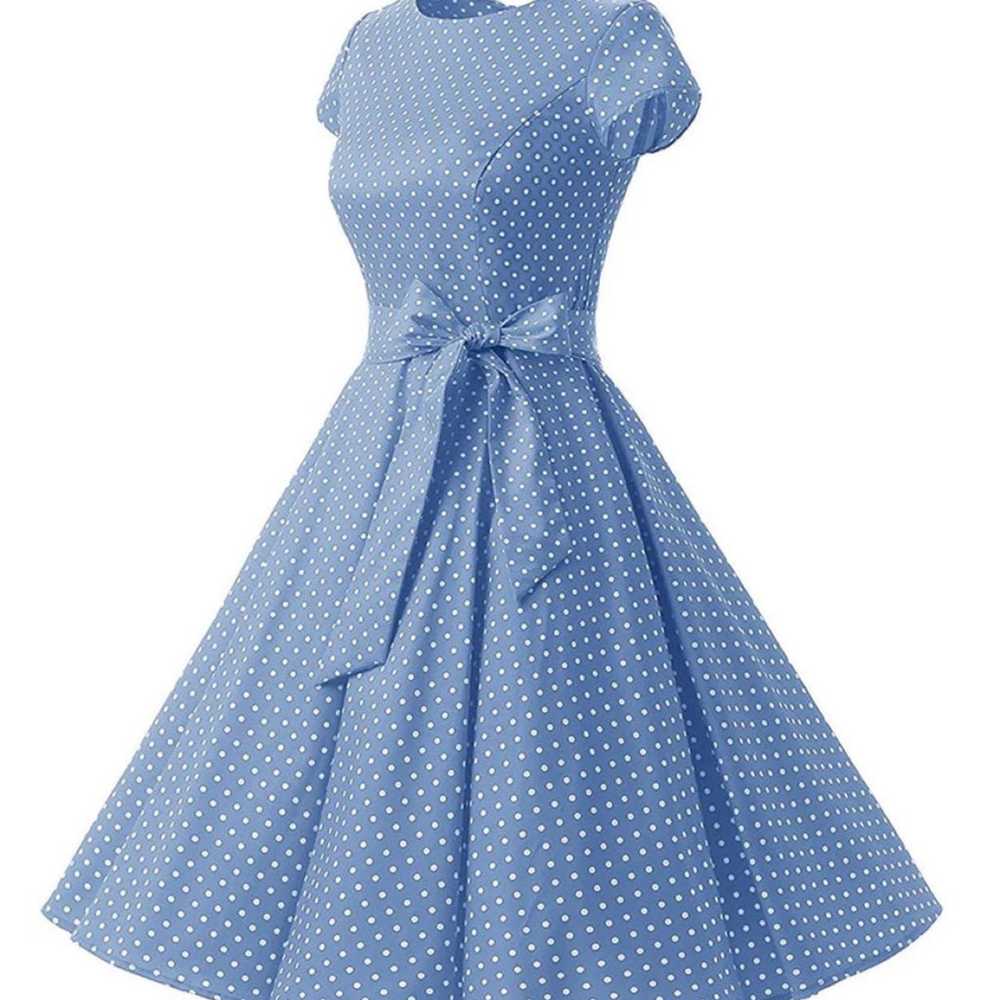 New- BLUE 1950S POLKA DOT SWING DRESS - image 2