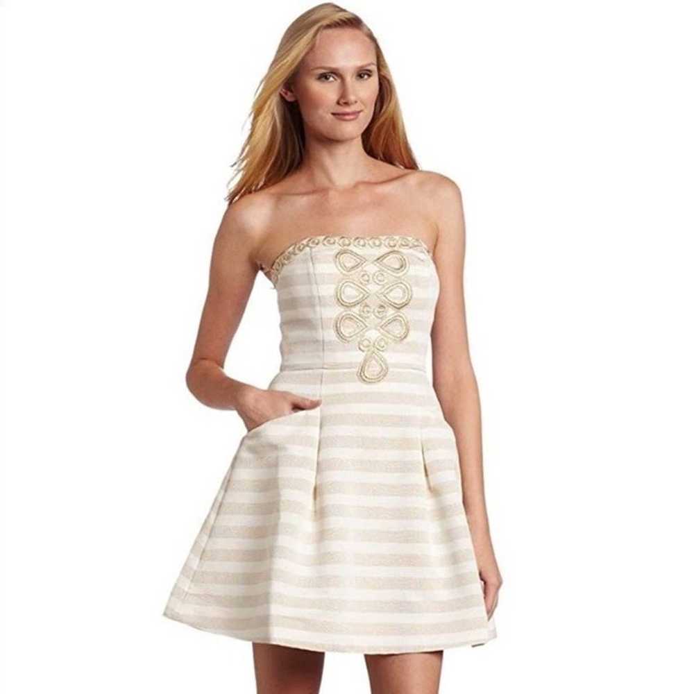 Lilly Pulitzer Blossom Dress Gold White Striped E… - image 1
