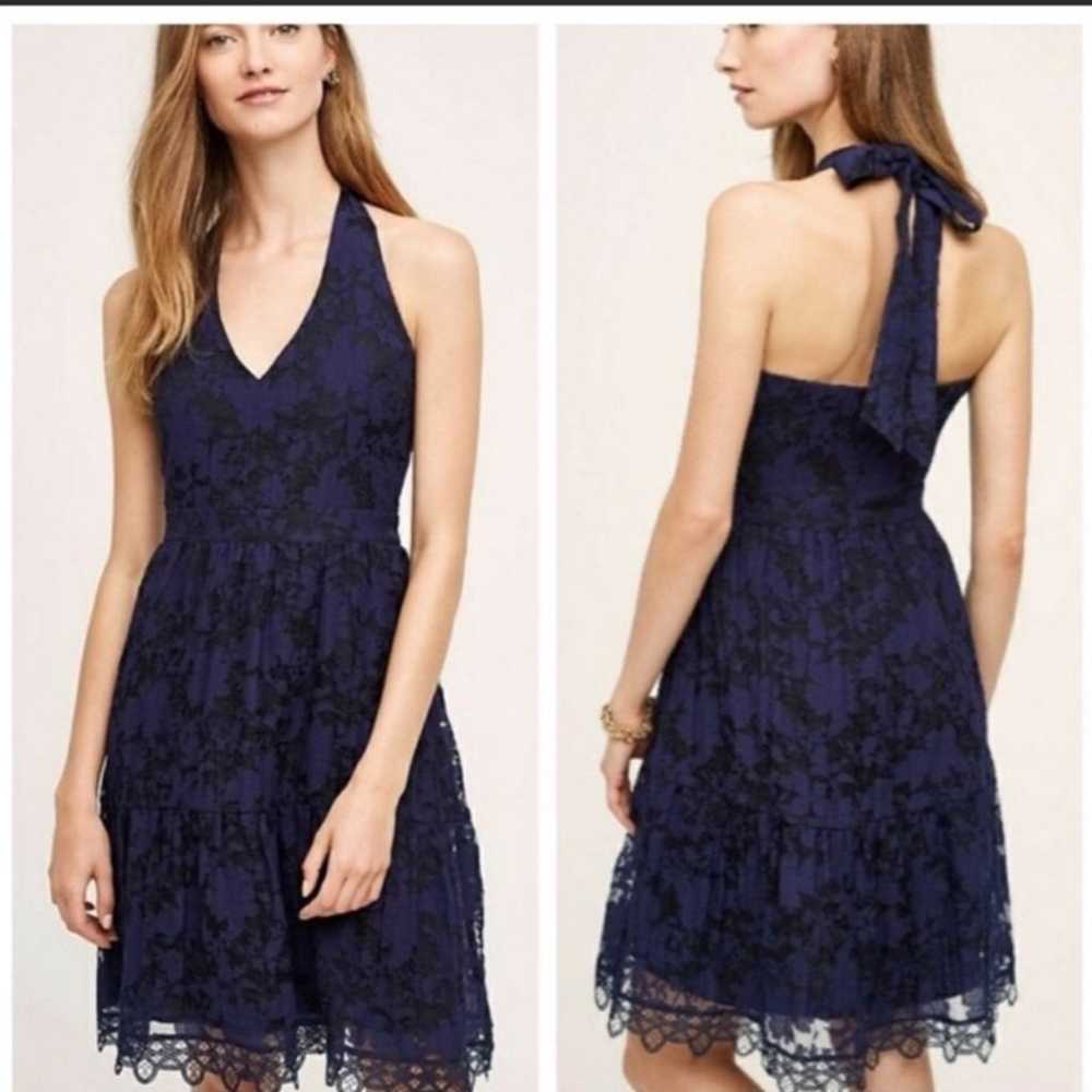 HD in Paris Anthropologie Blue/Black Lace Halter … - image 1