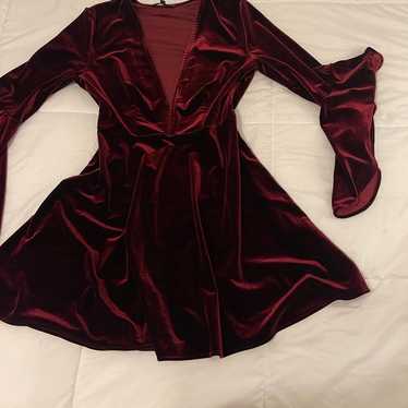 Lulus Burgundy Velvet Bell Sleeve Skater Dress