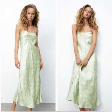 Zara Green/Cream Satin Floral Print Midi Dress