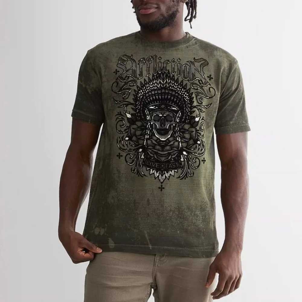 NEW AFFLICTION LIVE FAST SPIRAL SHADOWS GREEN T-S… - image 1