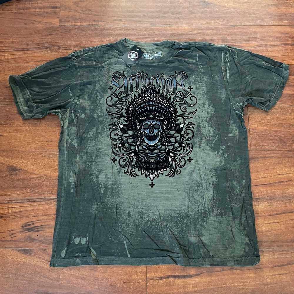 NEW AFFLICTION LIVE FAST SPIRAL SHADOWS GREEN T-S… - image 3