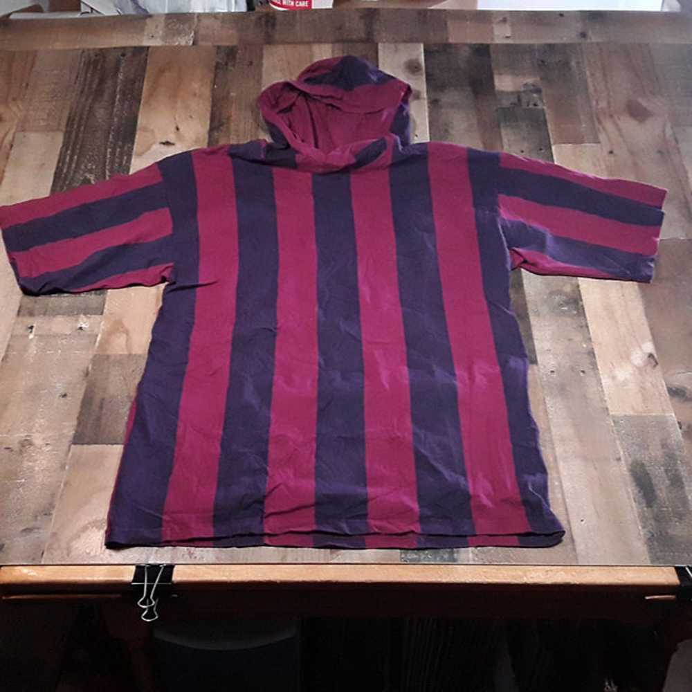 Vtg 90s First Run Hooded T Shirt Red Blue Striped… - image 1