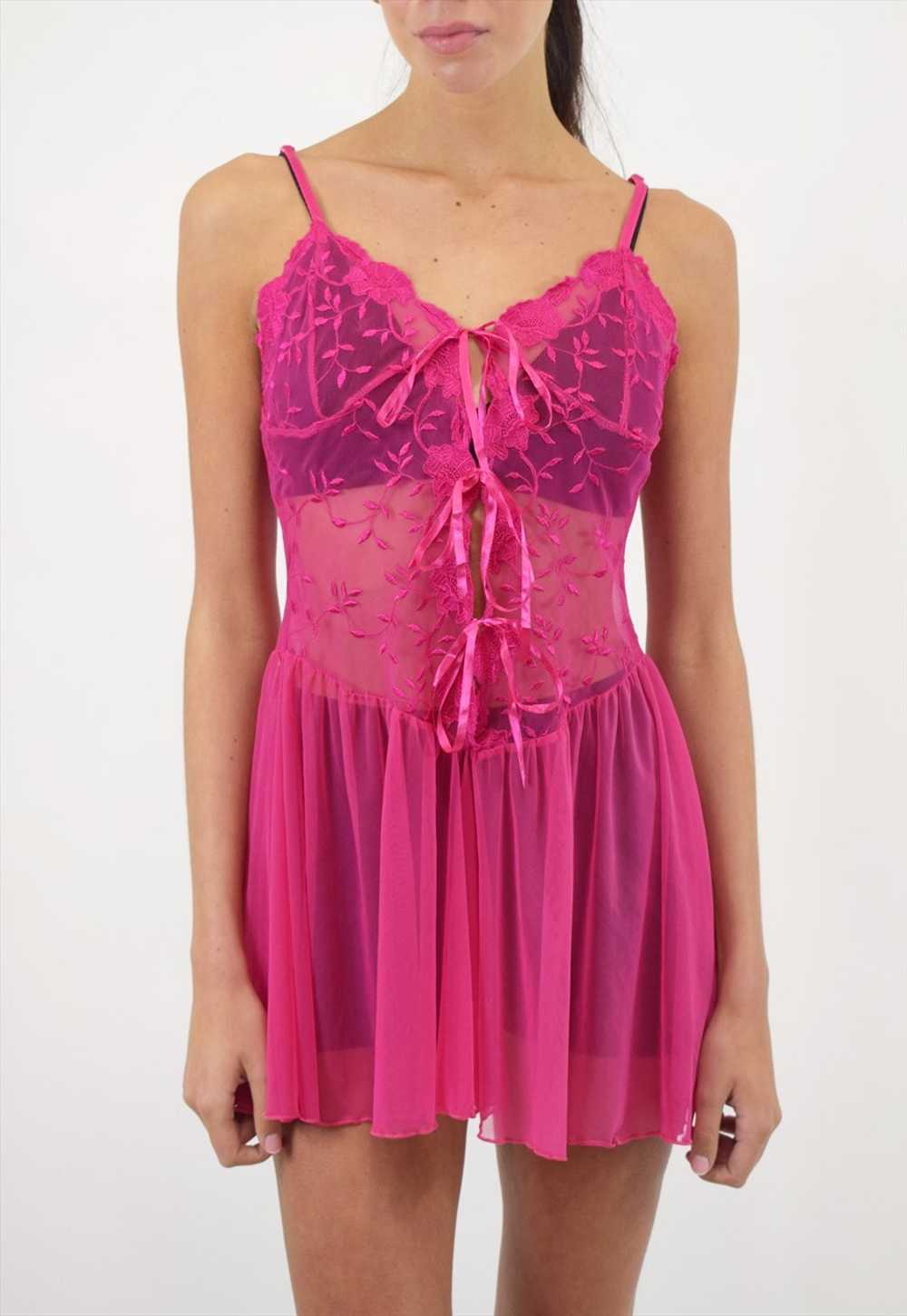 Vintage 90's Mini Lingerie Dress in Pink Embroide… - image 2