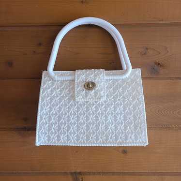Vintage Woven White Purse Bag Foldover Clasp 60's… - image 1