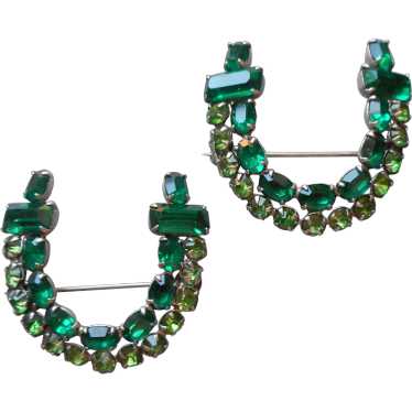 Pair Horseshoe Green Rhinestone Pins Vintage Silv… - image 1