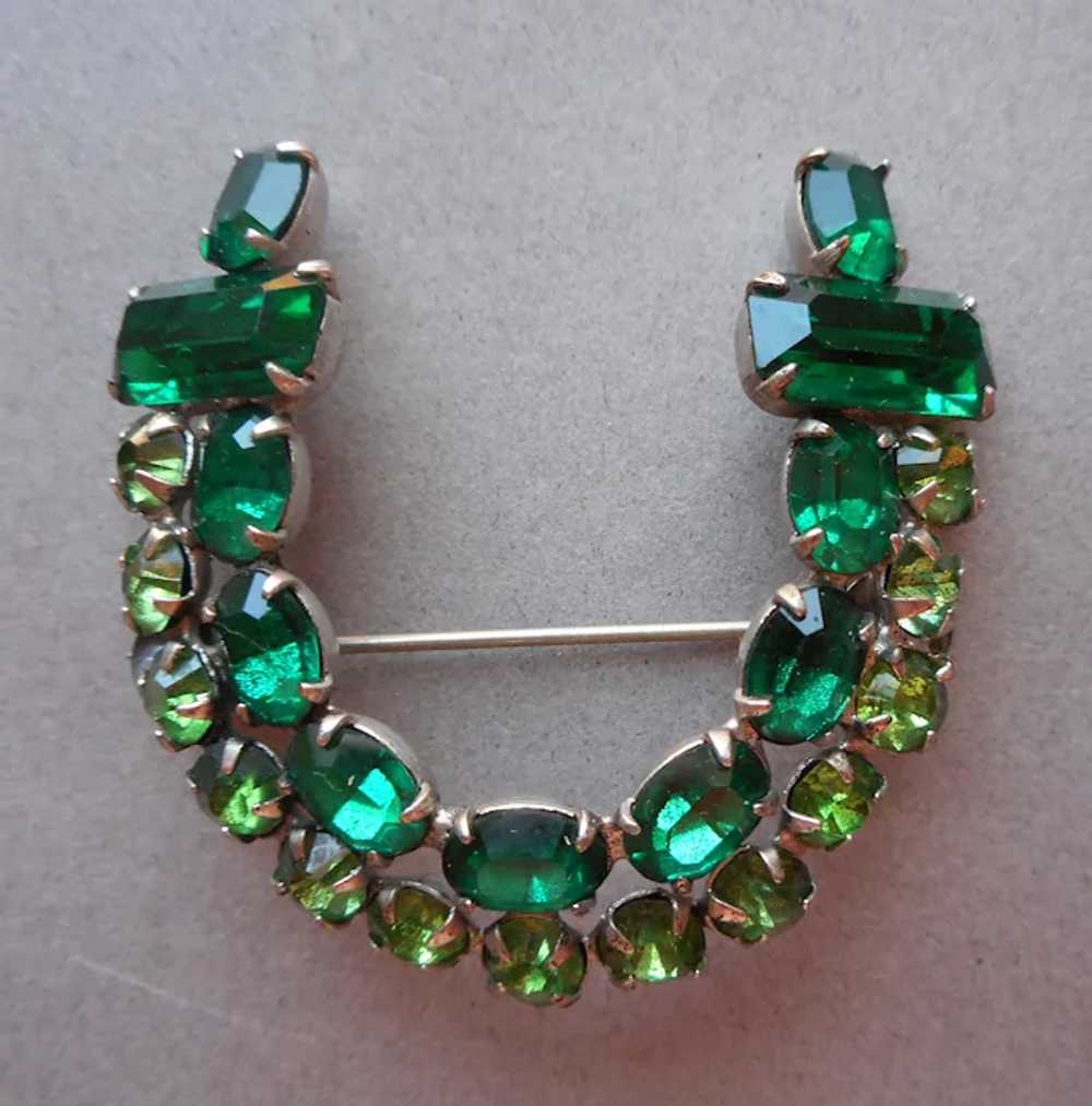 Pair Horseshoe Green Rhinestone Pins Vintage Silv… - image 5