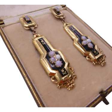 Estate Victorian 14K Gold, Opal and Enamel Earrin… - image 1