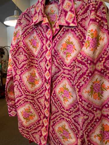 1970s Garden Pink Print Blouse