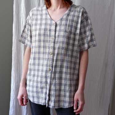 Silk Exchange 80's raw silk baseball plaid blouse…