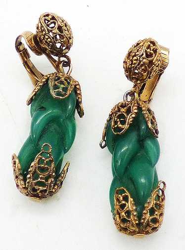 Green Molded Glass Gold Filigree Earrings