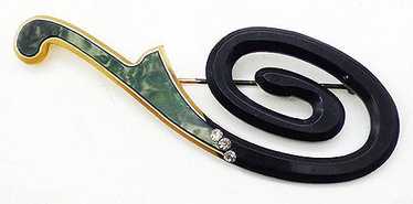 Black And Marbled Green Celluloid Spiral Brooch - image 1