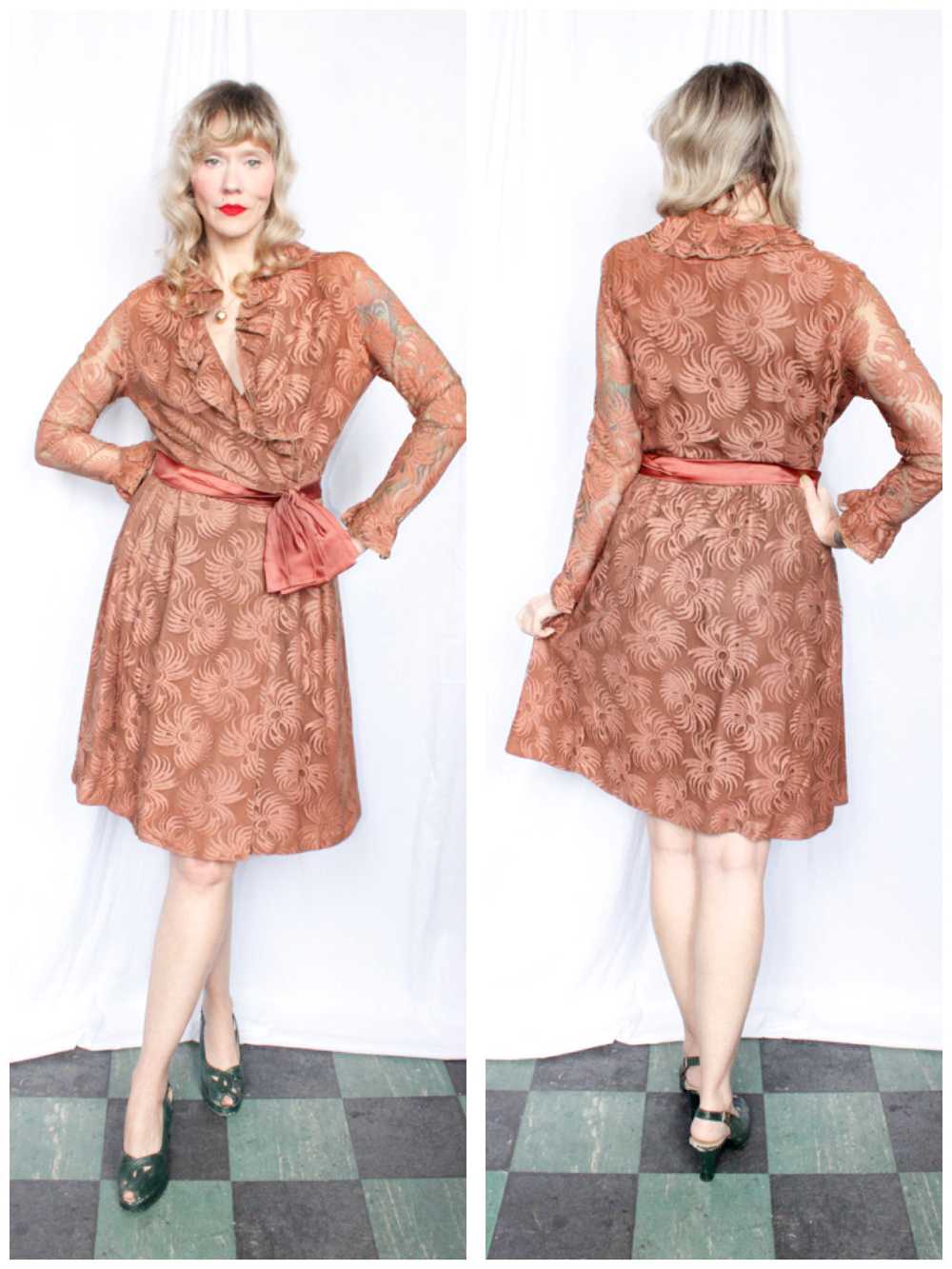 1960s Rose Brown Floral Lace Party Dress - Medium - image 1