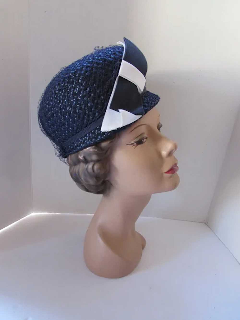 SALE 1960 Era Spring Summer Bubble Hat in Navy Ce… - image 4