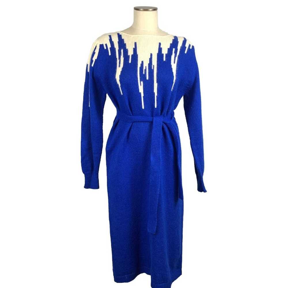 Vintage 80s Cristina Blue Sweater Dress Belt Ango… - image 1