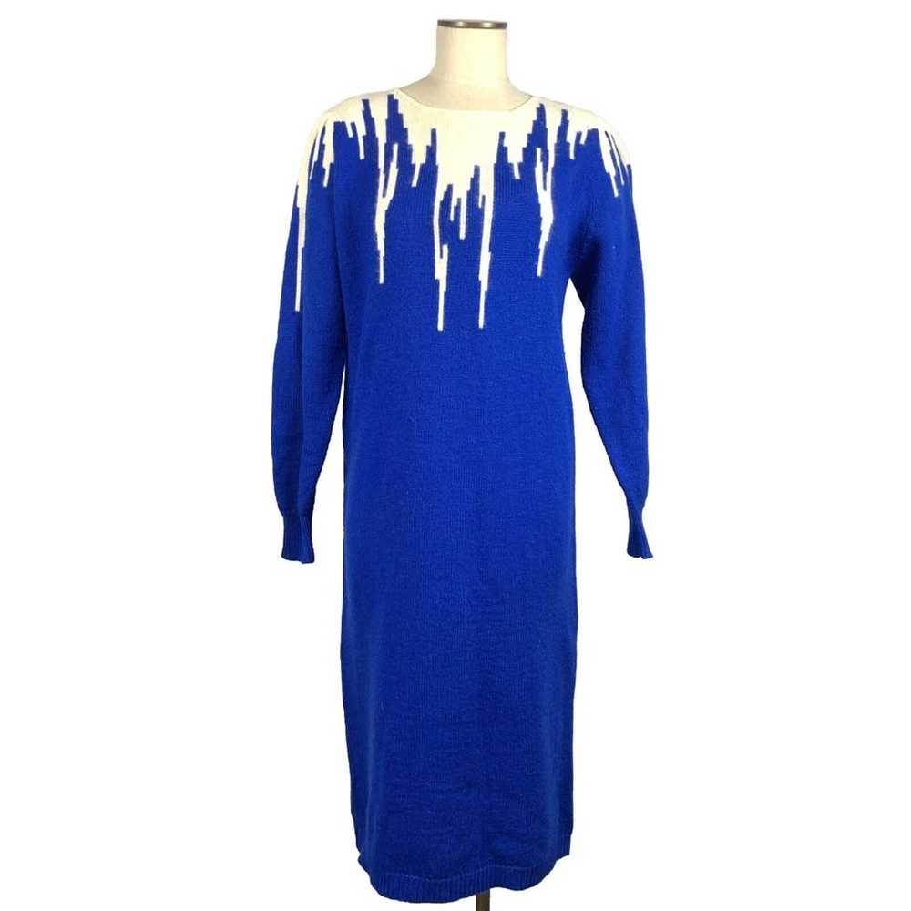 Vintage 80s Cristina Blue Sweater Dress Belt Ango… - image 2