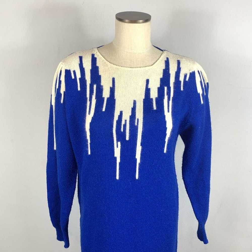 Vintage 80s Cristina Blue Sweater Dress Belt Ango… - image 3