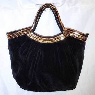 Vintage 1987 Black Velvet Lined tote with Gold Se… - image 1