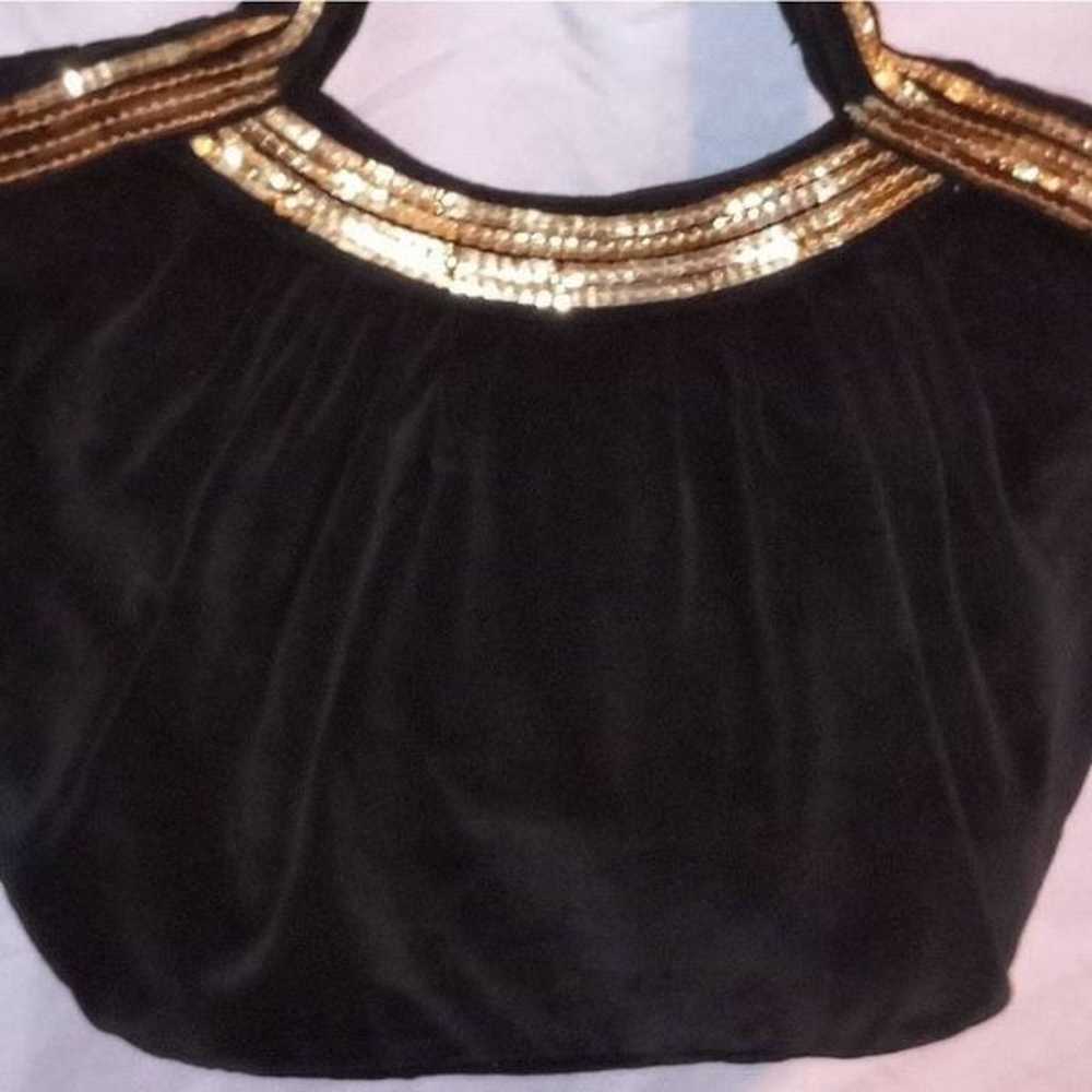 Vintage 1987 Black Velvet Lined tote with Gold Se… - image 2