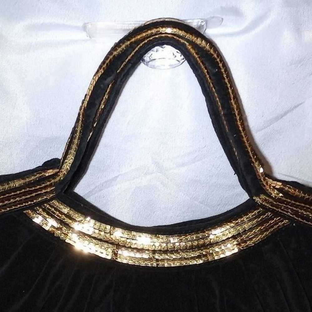 Vintage 1987 Black Velvet Lined tote with Gold Se… - image 4